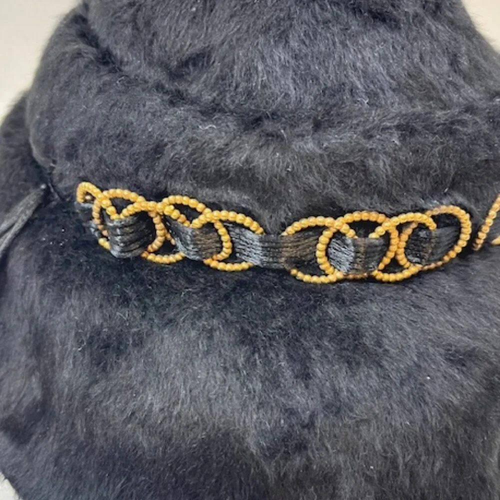 VTG Handmade Black Felt Fur Aileen's Atlanta Bucket Hat Gold Tone Accents